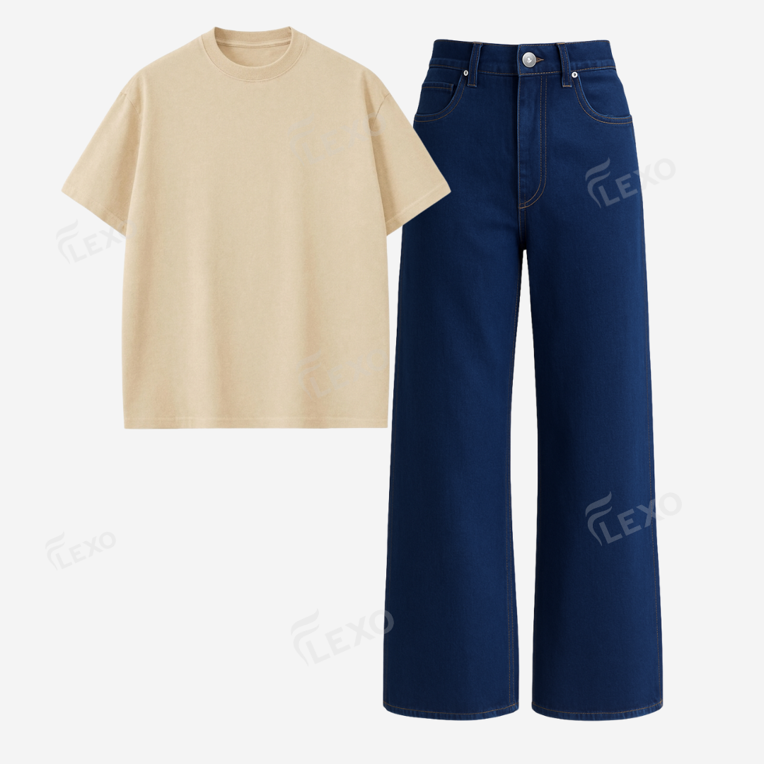 Darkblue Baggy Jeans With Oversized Drop Shoulder T-Shirt