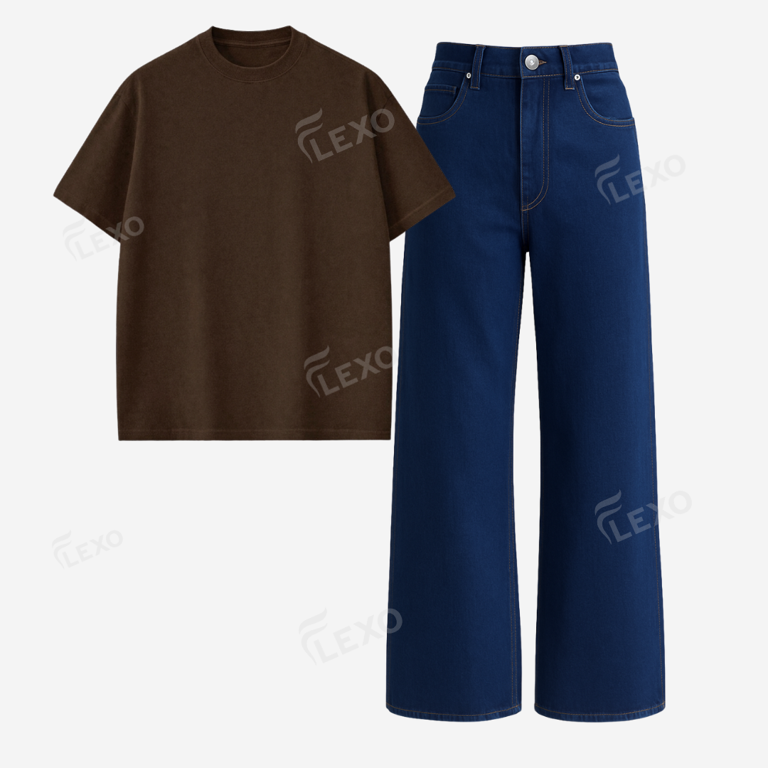 Darkblue Baggy Jeans With Oversized Drop Shoulder T-Shirt