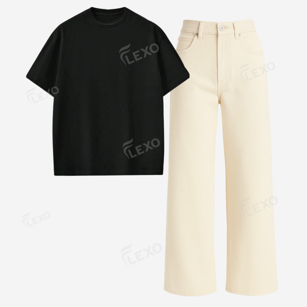 Beige Baggy Jeans With Oversized Drop Shoulder T-Shirt