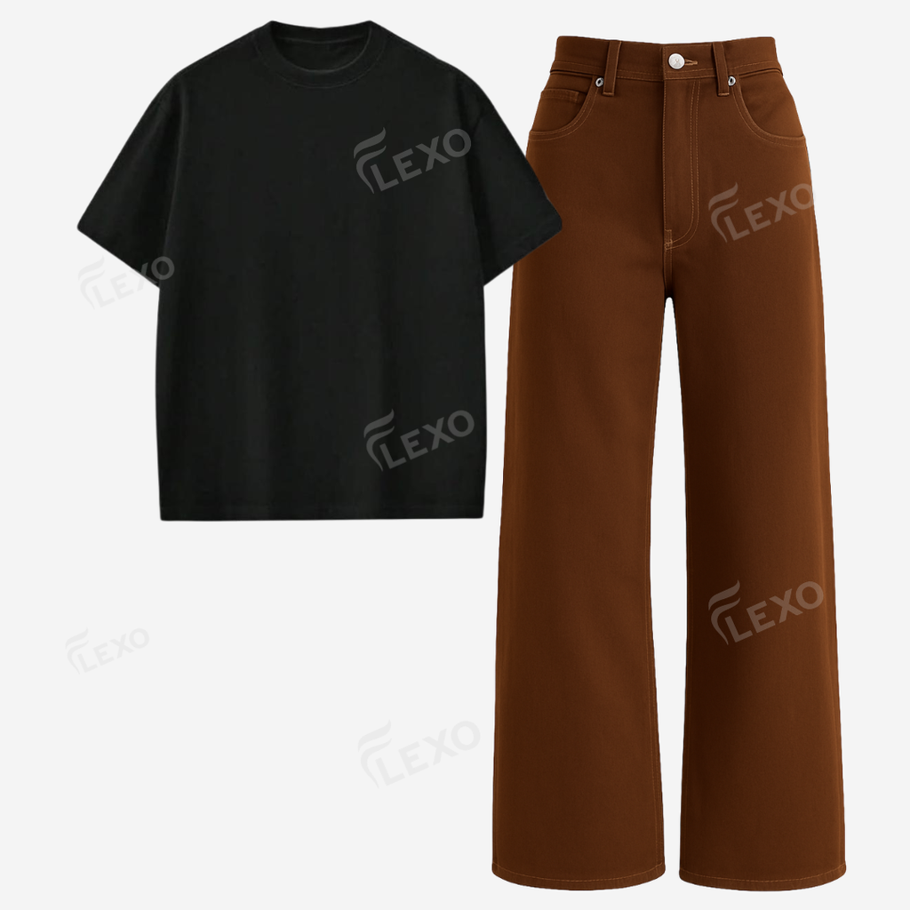 Brown Baggy Jeans With Oversized Drop Shoulder T-Shirt