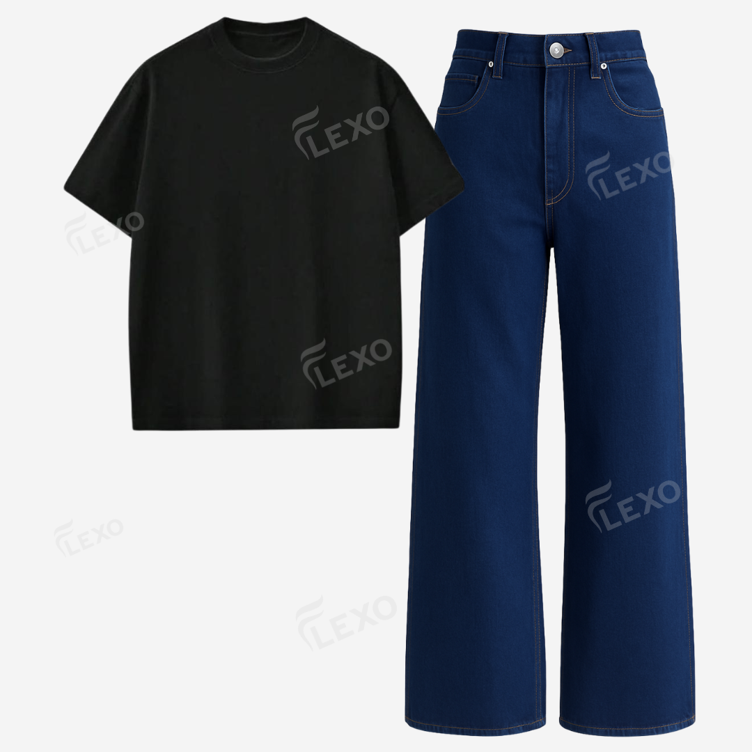 Darkblue Baggy Jeans With Oversized Drop Shoulder T-Shirt Main image