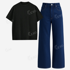 Darkblue Baggy Jeans With Oversized Drop Shoulder T-Shirt