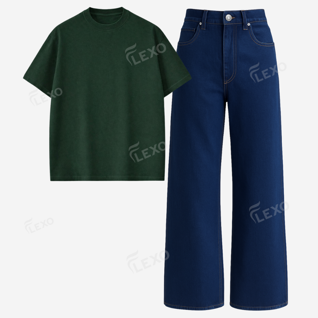 Darkblue Baggy Jeans With Oversized Drop Shoulder T-Shirt