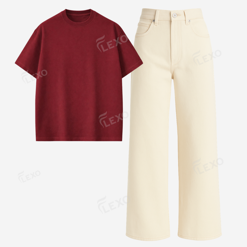Beige Baggy Jeans With Oversized Drop Shoulder T-Shirt