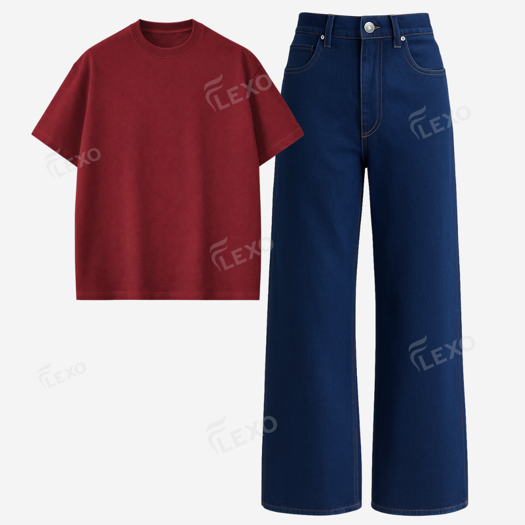 Darkblue Baggy Jeans With Oversized Drop Shoulder T-Shirt