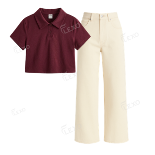 Beige Baggy Jeans With Crop Polo