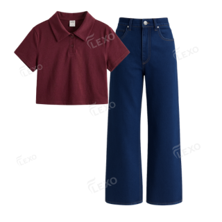Darkblue Baggy Jeans With Crop Polo