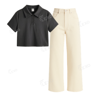 Beige Baggy Jeans With Crop Polo