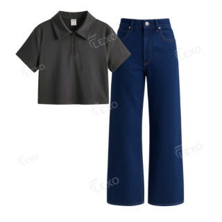 Darkblue Baggy Jeans With Crop Polo