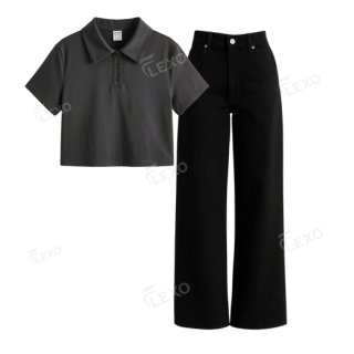 Black Baggy Jeans With Crop Polo
