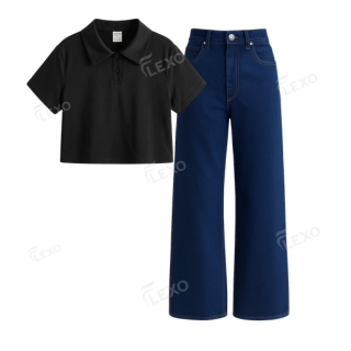 Darkblue Baggy Jeans With Crop Polo