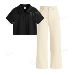 Beige Baggy Jeans With Crop Polo