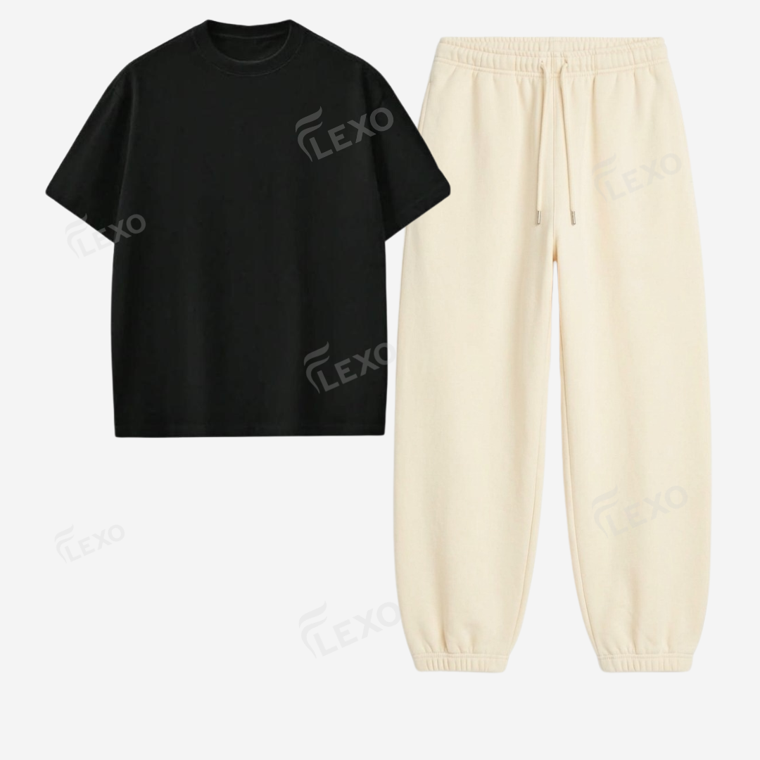 Cream Sweatpant With Oversized Drop Shoulder T-Shirt
