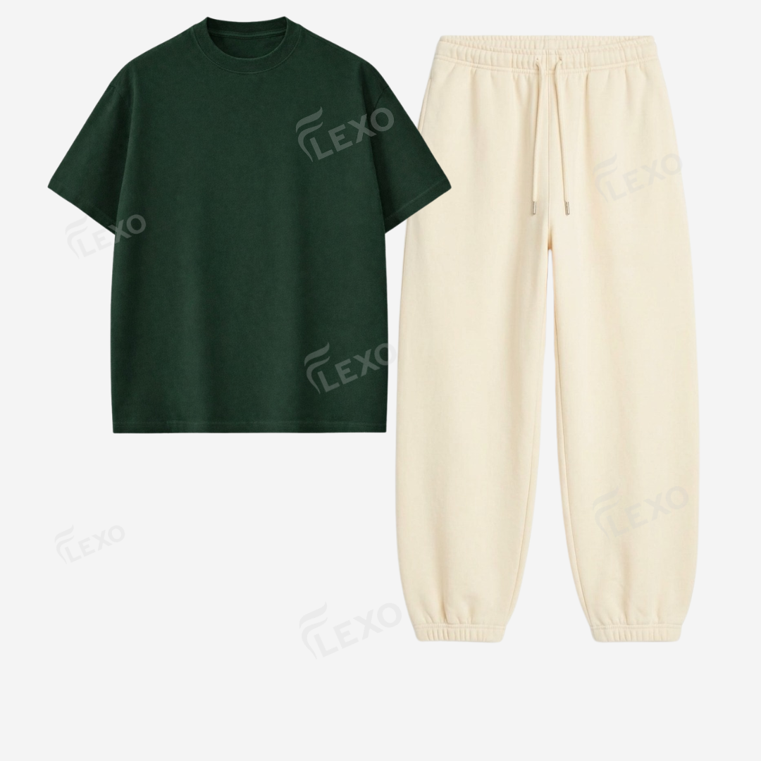 Cream Sweatpant With Oversized Drop Shoulder T-Shirt