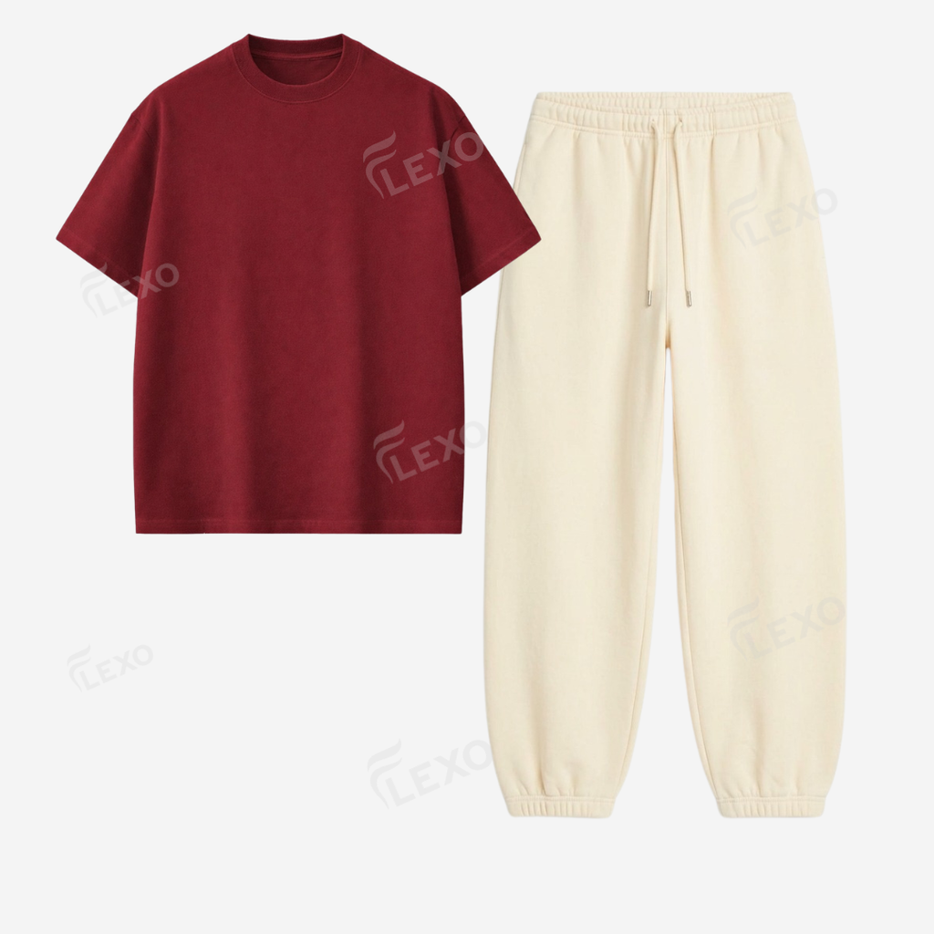 Cream Sweatpant With Oversized Drop Shoulder T-Shirt