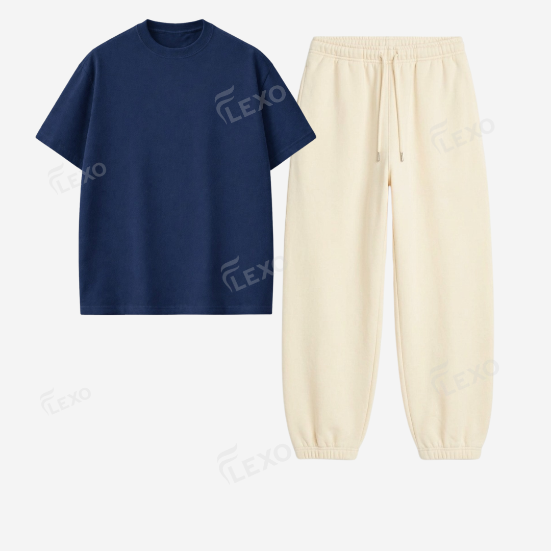 Cream Sweatpant With Oversized Drop Shoulder T-Shirt