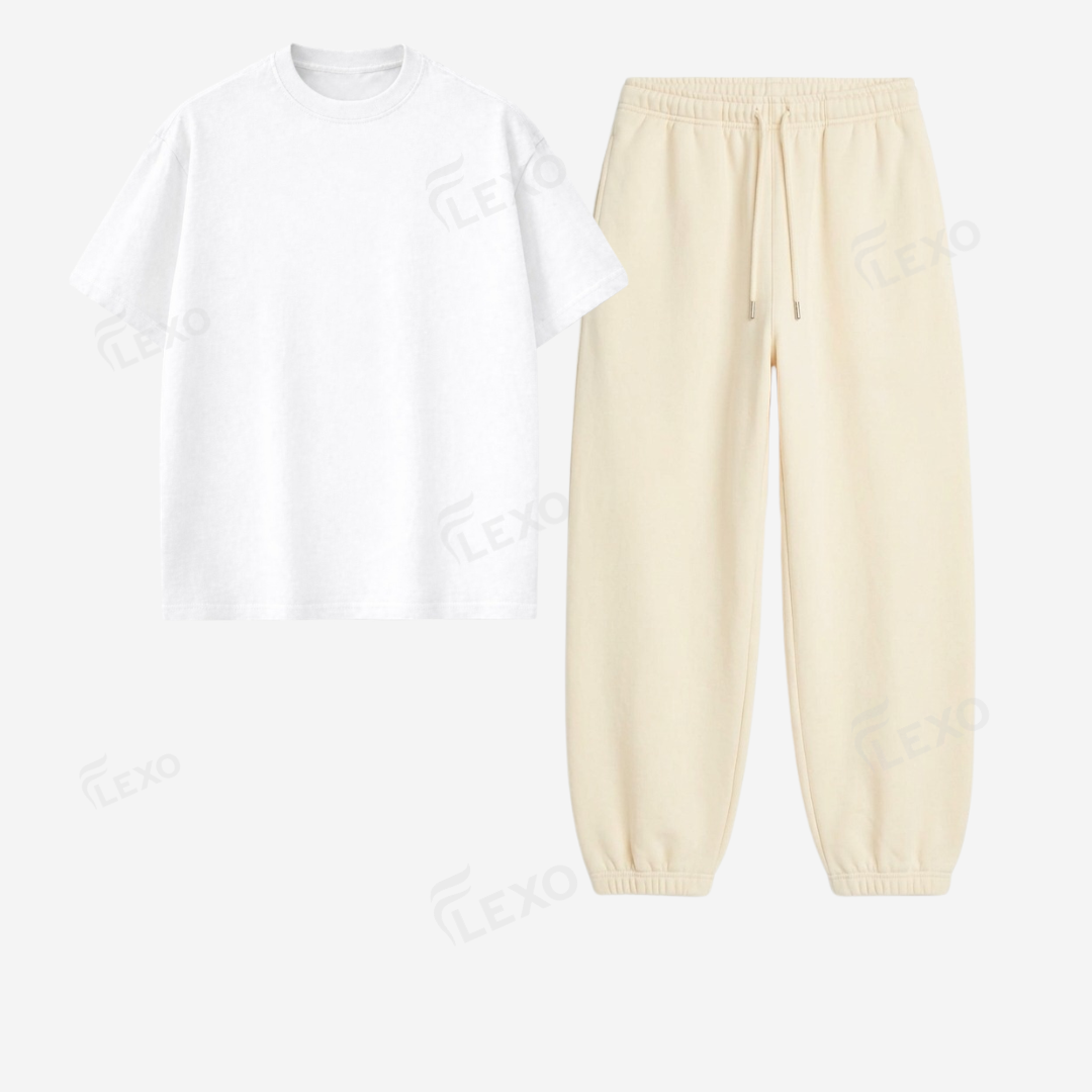 Cream Sweatpant With Oversized Drop Shoulder T-Shirt