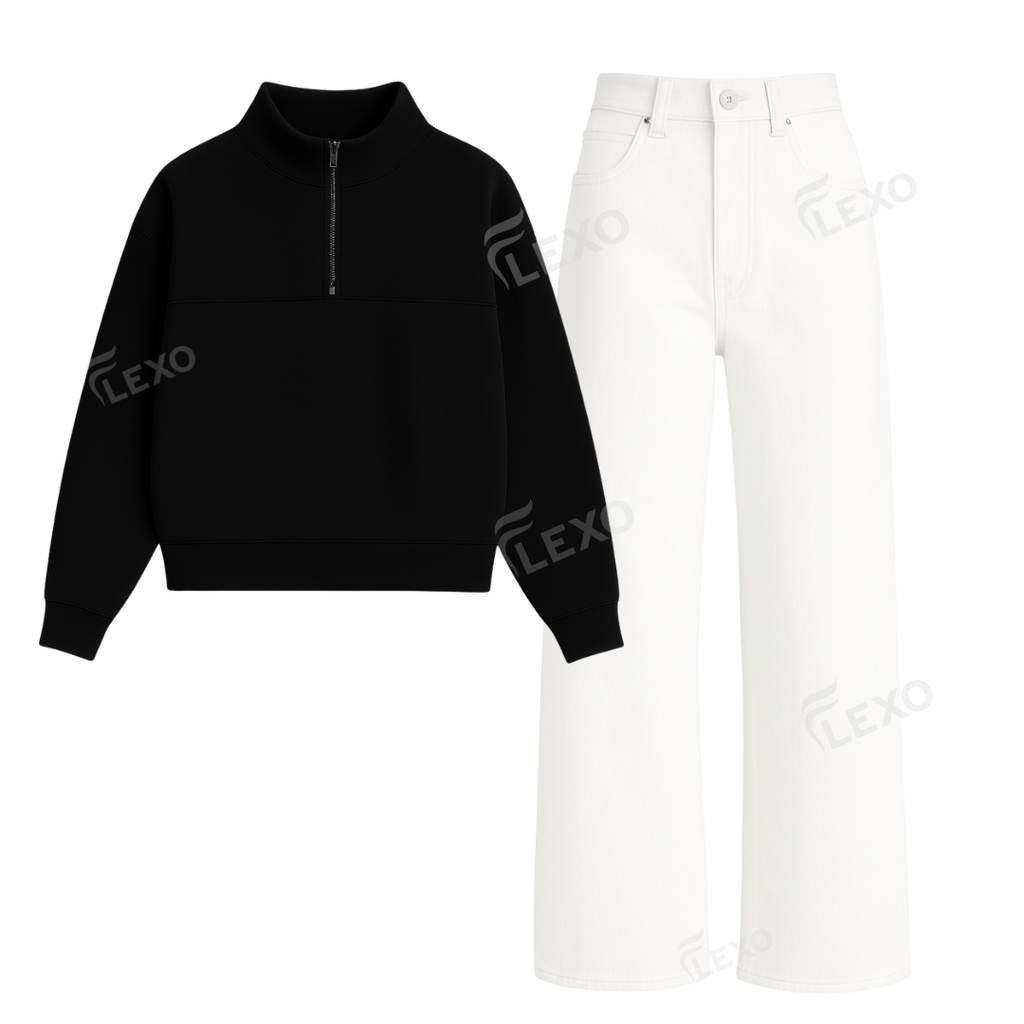 White Baggy Jeans With Oversized Mockneck