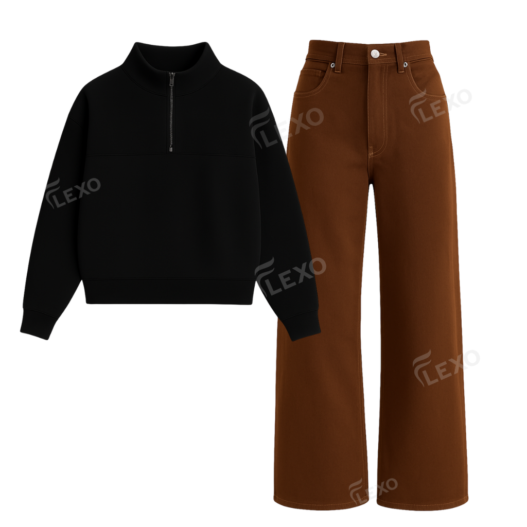 Brown Baggy Jeans With Oversized Mockneck