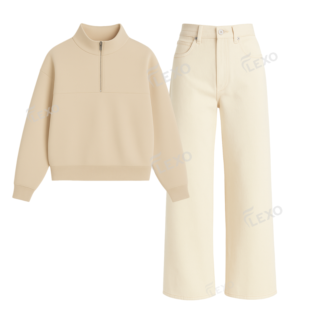 Beige Baggy Jeans With Oversized Mockneck