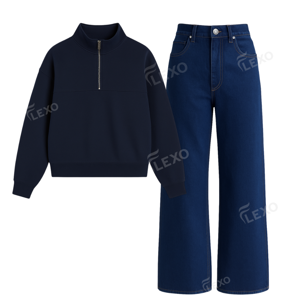 Navyblue Baggy Jeans With Oversized Mockneck