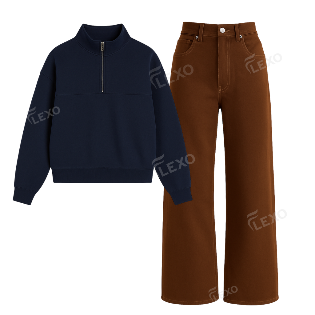 Brown Baggy Jeans With Oversized Mockneck