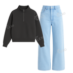 Ice Blue Baggy Jeans With Oversized Mockneck