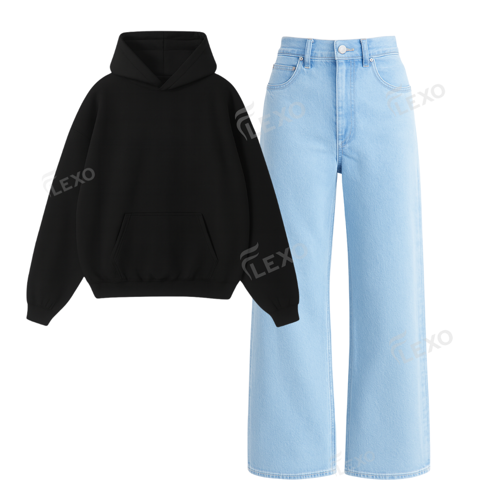 Ice Blue Baggy Jeans With Oversized Hoodie