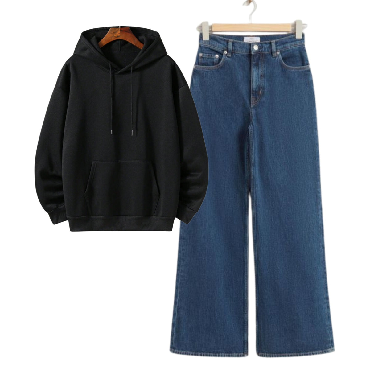Black Hoodie With Dark Blue Baggy Jeans