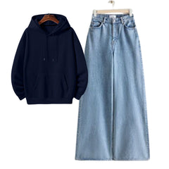 Dark Blue Hoodie With Ice Blue Baggy Jeans