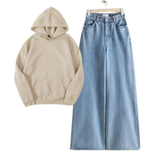 Cream Hoodie With Ice  Blue Baggy Jeans
