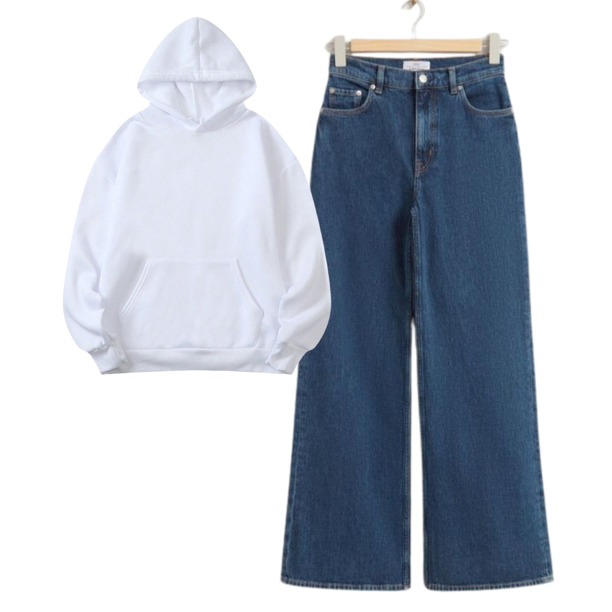 White Hoodie With Dark Blue Baggy Jeans