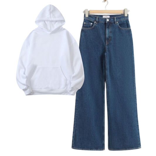White Hoodie With Dark Blue Baggy Jeans