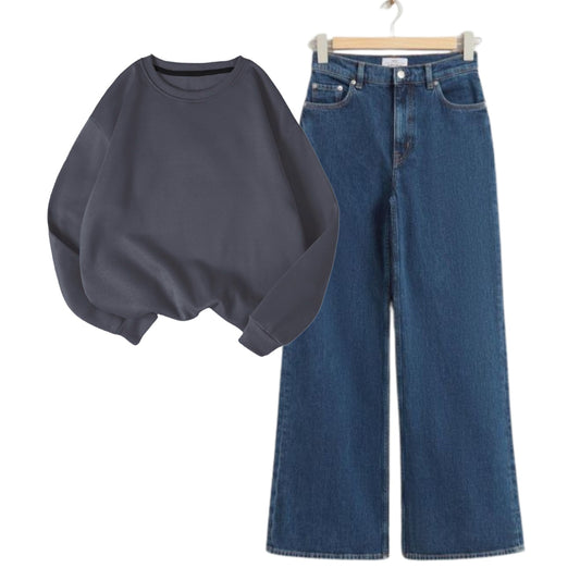 Dark Blue Baggy Jeans with Charcoal Sweatshirts