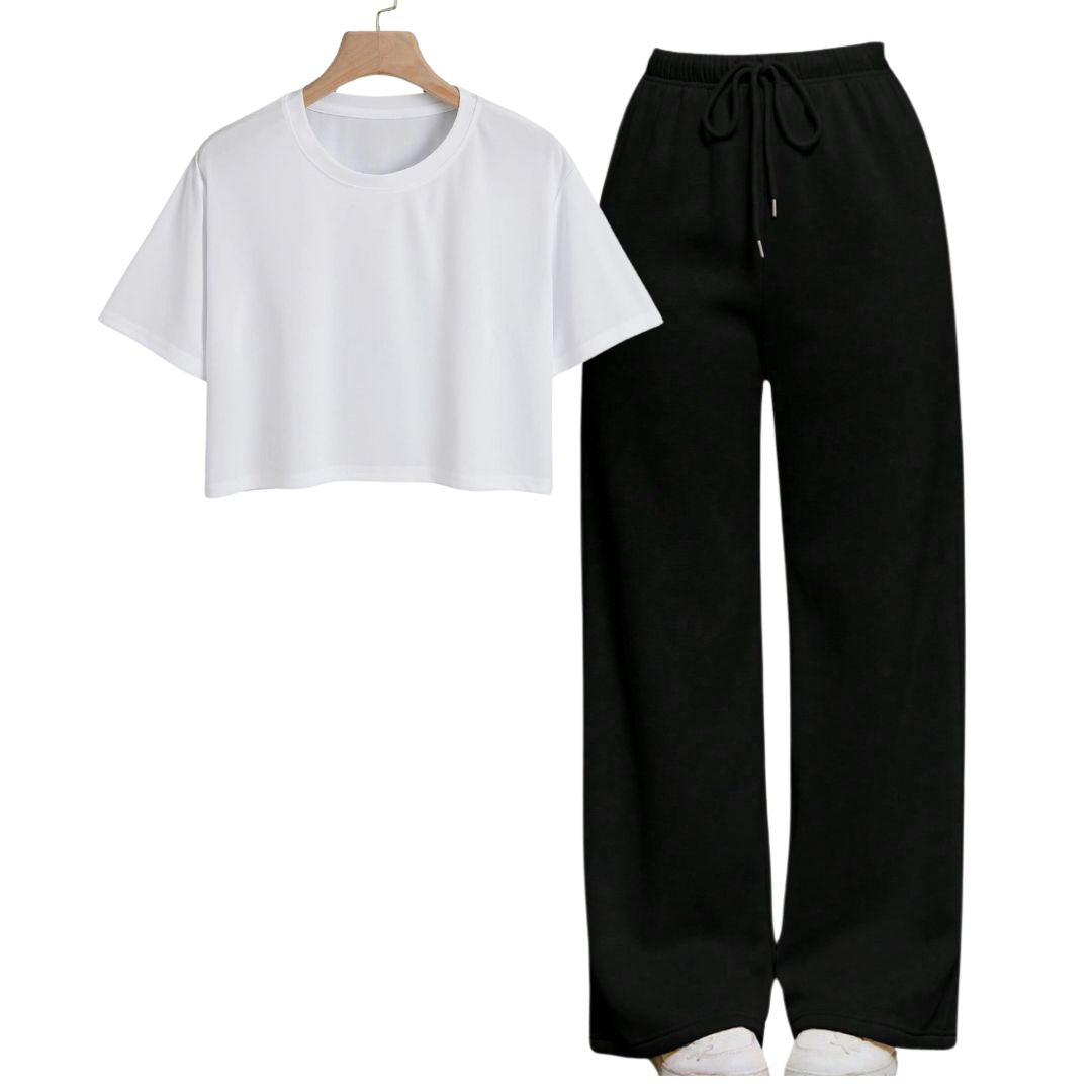 White Crop Tee With Black Straight Leg Trouser