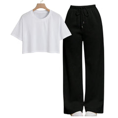 White Crop Tee With Black Straight Leg Trouser