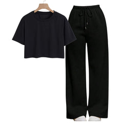 Black Crop Tee With Black Straight Leg Trouser