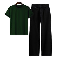 Dark Green Regular Tee With Black Jeans