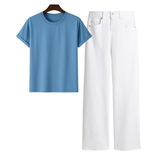 Sky Blue Regular Tee With White Jeans