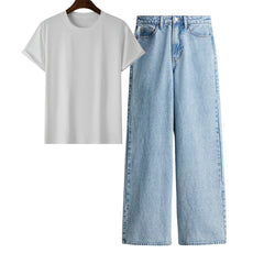 White Regular Tee With Ice Blue Jeans
