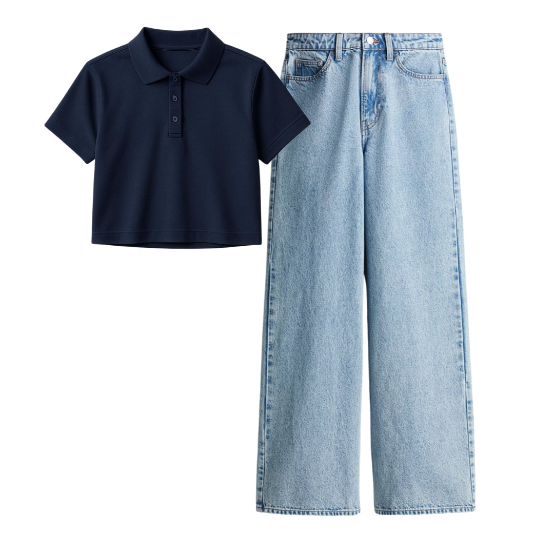 Dark Blue Crop Polo With Ice Blue Jeans