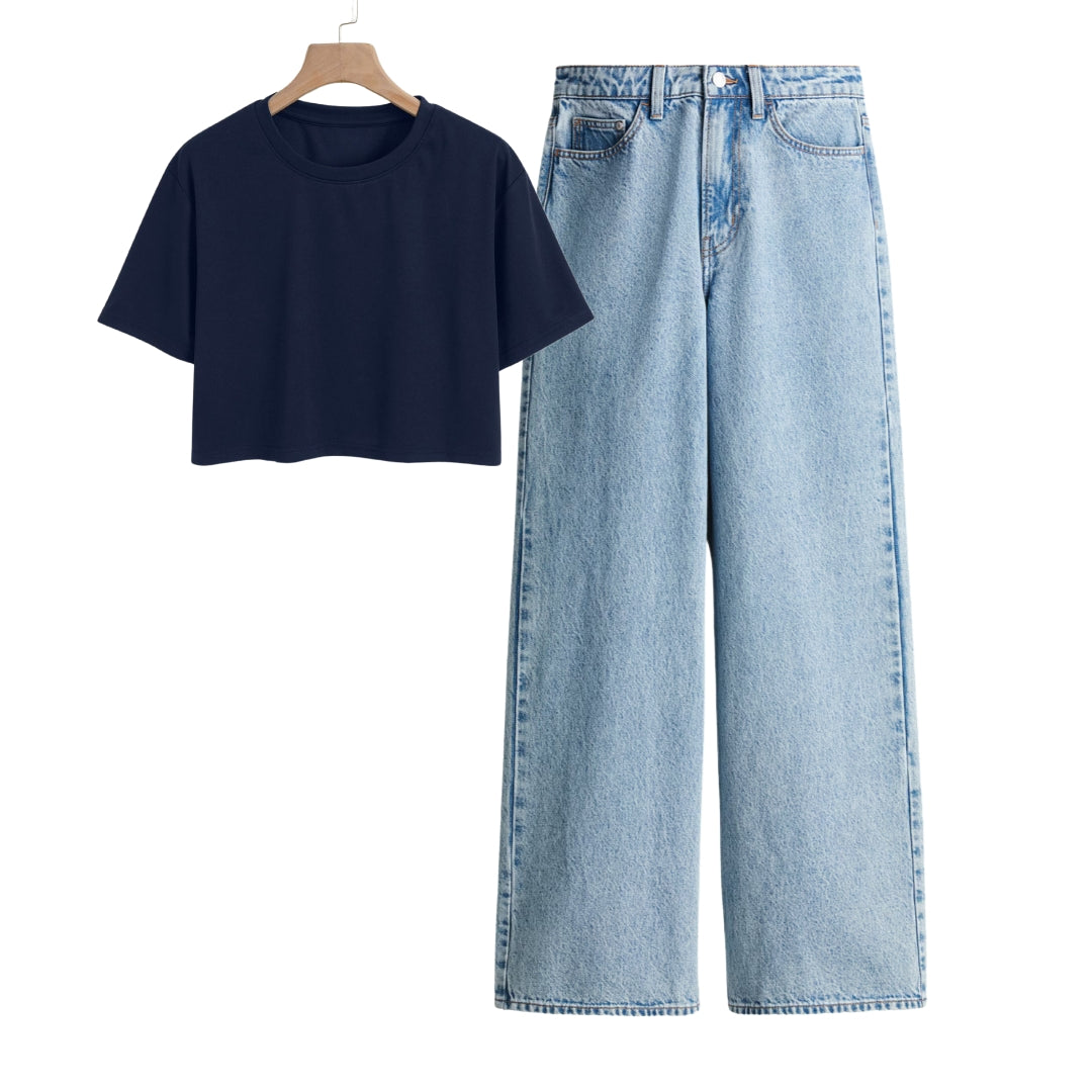 Black Crop Tee With Ice Blue Jeans