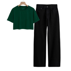 Dark Green Crop Tee With Black Jeans