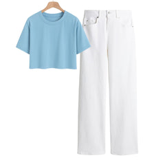 Sky Blue Crop Tee With White Jeans